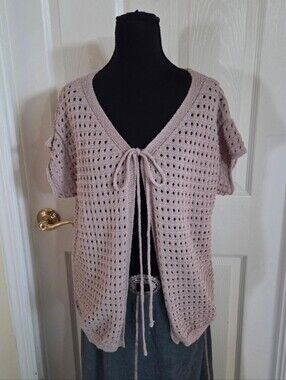 Open-Knit Tie-Front Short Sleeve Sweater Cardigan - Light Mauve Cottage Boho Lg